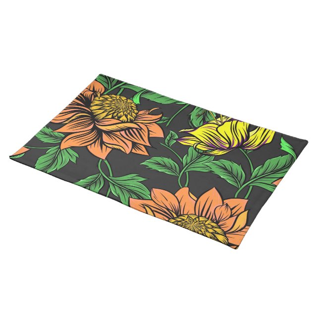 Bright Flowers Pop from Black Background Cloth Placemat (On Table)