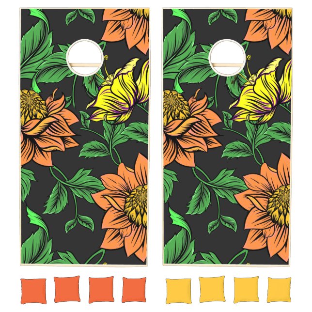 Bright Flowers Pop from Black Background Cornhole Set (Set)