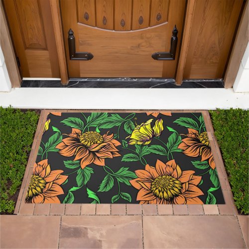Bright Flowers Pop from Black Background Doormat