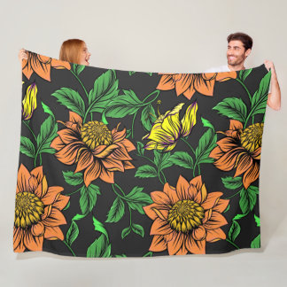 Bright Flowers Pop from Black Background Fleece Blanket