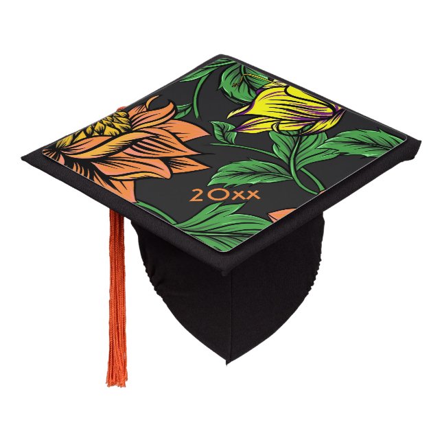 Bright Flowers Pop from Black Background Graduation Cap Topper (Angled)