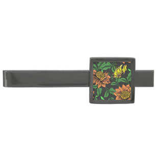 Bright Flowers Pop from Black Background Gunmetal Finish Tie Bar