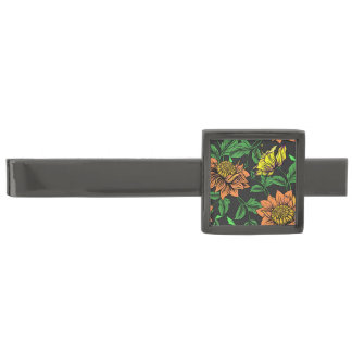 Bright Flowers Pop from Black Background Gunmetal Finish Tie Bar