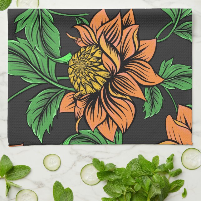 Bright Flowers Pop from Black Background Kitchen Towel (Folded)