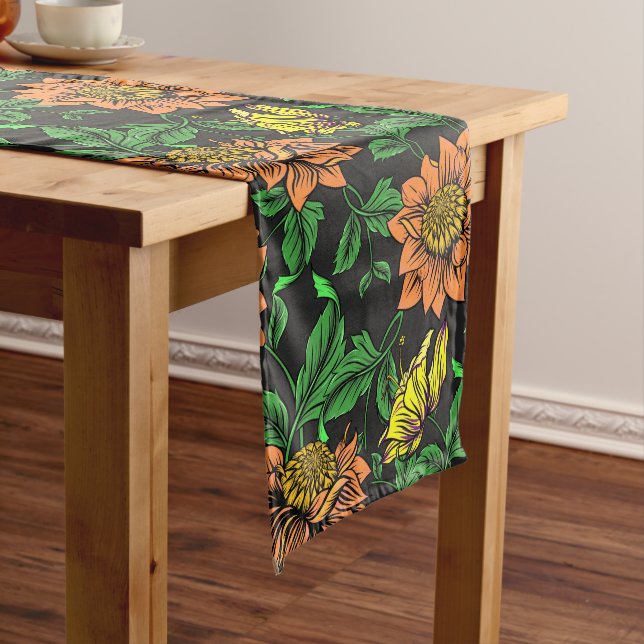 Bright Flowers Pop from Black Background Long Table Runner (In Situ)