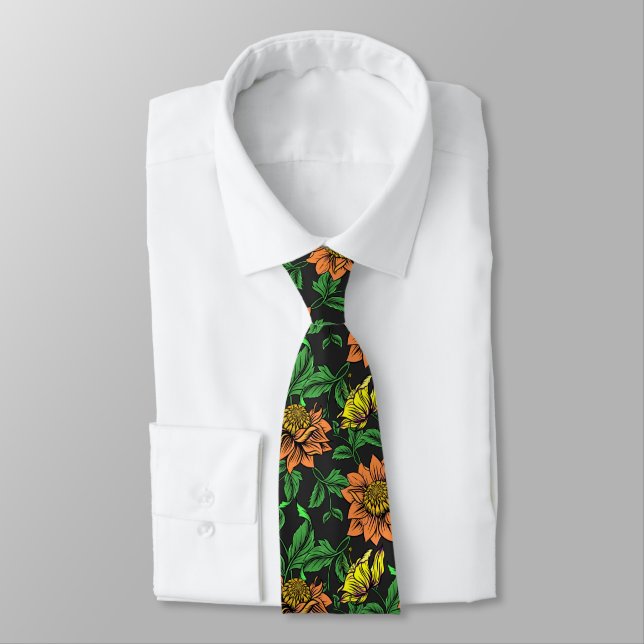 Bright Flowers Pop from Black Background Neck Tie (Tied)