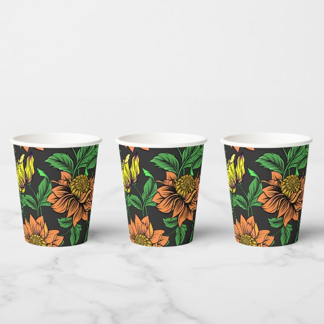 Bright Flowers Pop from Black Background Paper Cups (Multi)