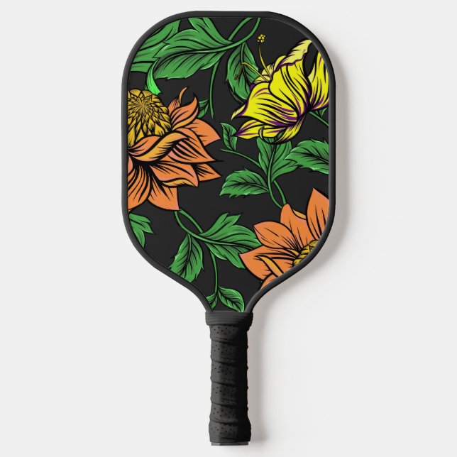 Bright Flowers Pop from Black Background Pickleball Paddle (Front)