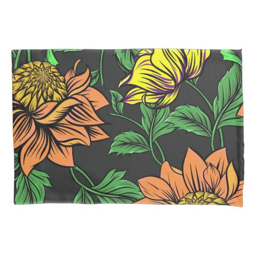 Bright Flowers Pop from Black Background Pillow Case