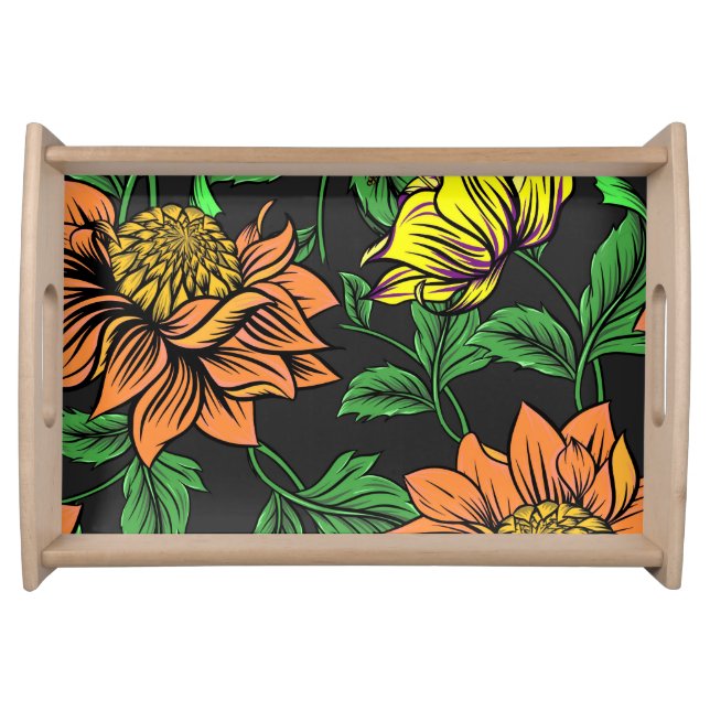 Bright Flowers Pop from Black Background Serving Tray (Front)