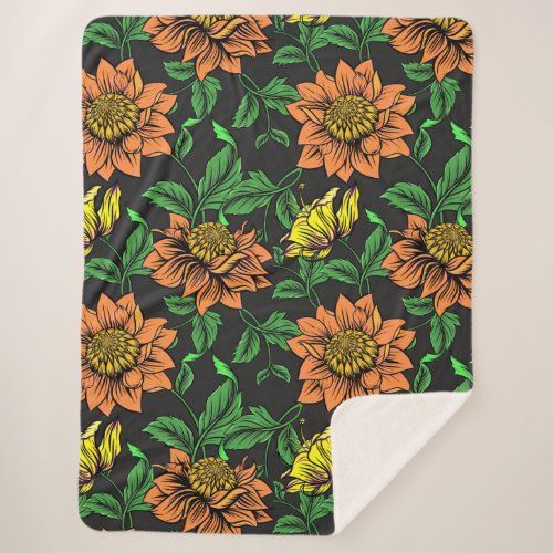 Bright Flowers Pop from Black Background Sherpa Blanket
