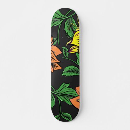 Bright Flowers Pop from Black Background Skateboard