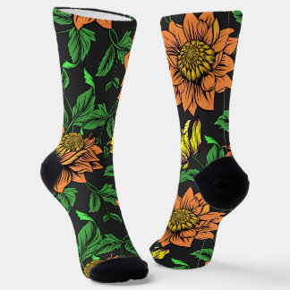 Bright Flowers Pop from Black Background Socks