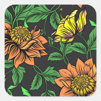 Bright Flowers Pop from Black Background Square Sticker