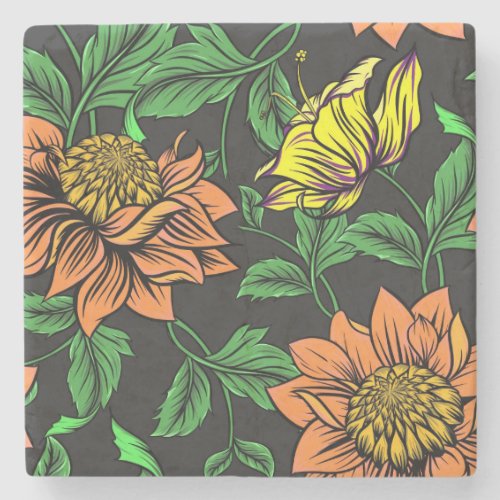Bright Flowers Pop from Black Background Stone Coaster