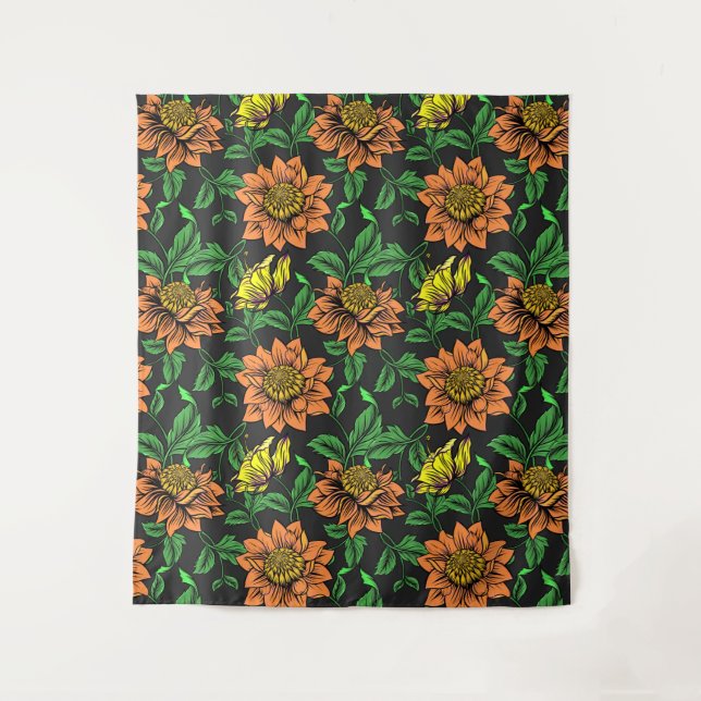 Bright Flowers Pop from Black Background Tapestry (Front)