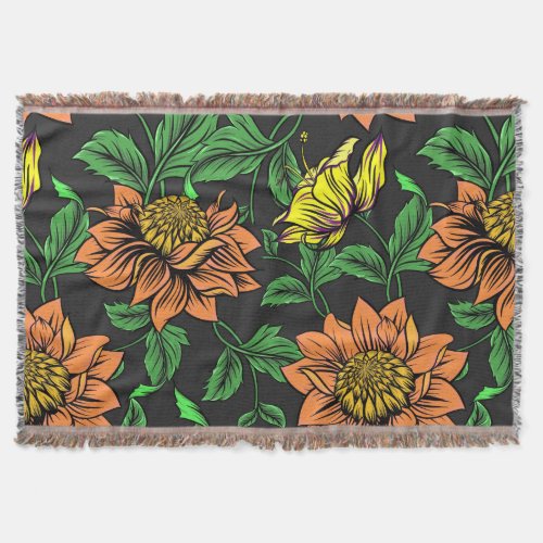 Bright Flowers Pop from Black Background Throw Blanket