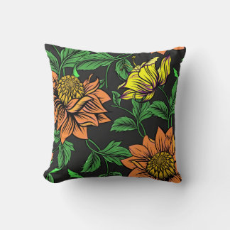Bright Flowers Pop from Black Background Throw Pillow