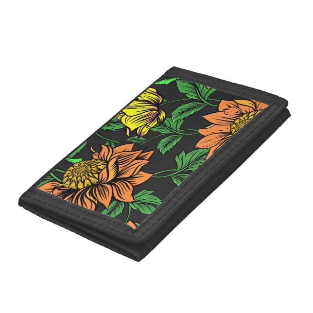 Bright Flowers Pop from Black Background Trifold Wallet (Bottom)
