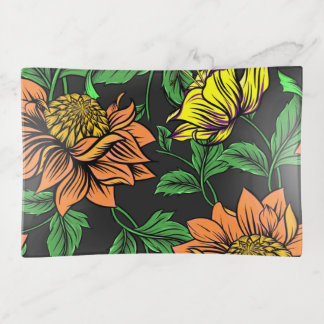 Bright Flowers Pop from Black Background Trinket Tray