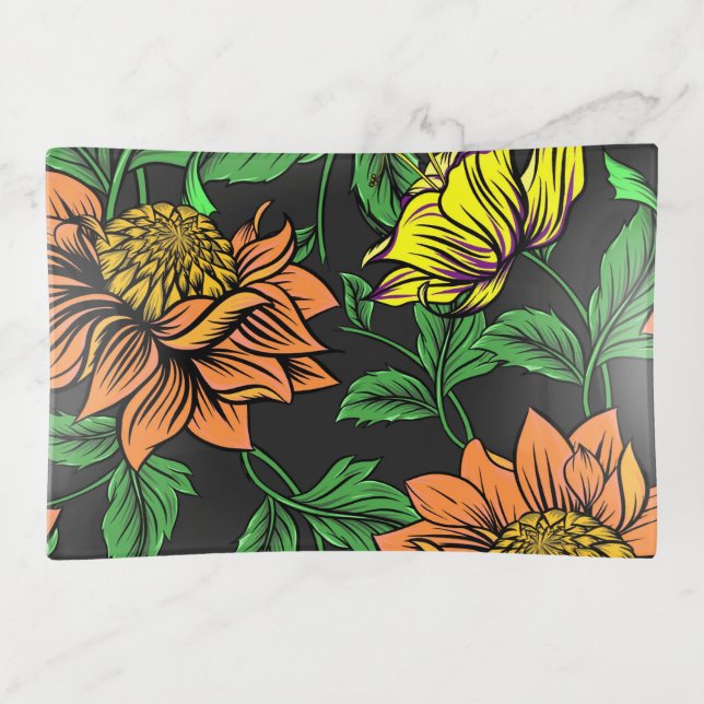 Bright Flowers Pop from Black Background Trinket Tray (Front)