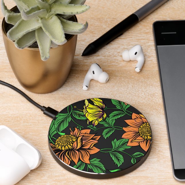 Bright Flowers Pop from Black Background Wireless Charger (Desk 2)