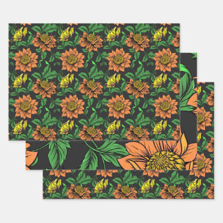Bright Flowers Pop from Black Background Wrapping Paper Sheets