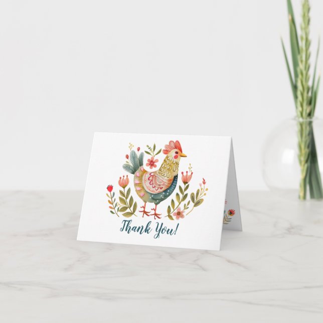 Bright Folk Art Farm Floral Bird Thank You Card (Front)