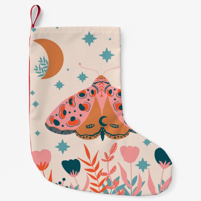 Bright Folk art Moths pattern Small Christmas Stocking (Front)