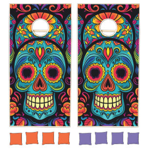 Bright Folk Art Sugar Skull Day of the Dead Party Cornhole Set
