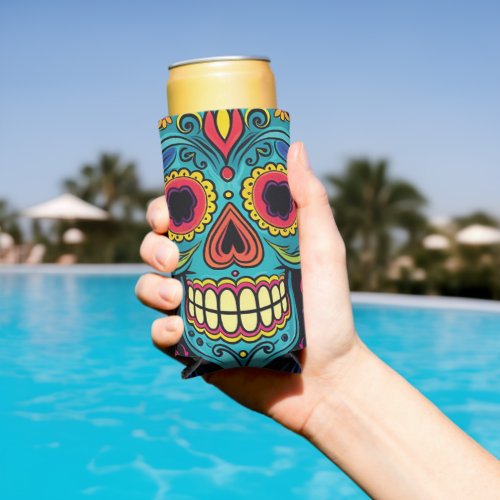 Bright Folk Art Sugar Skull Day of the Dead Party  Seltzer Can Cooler