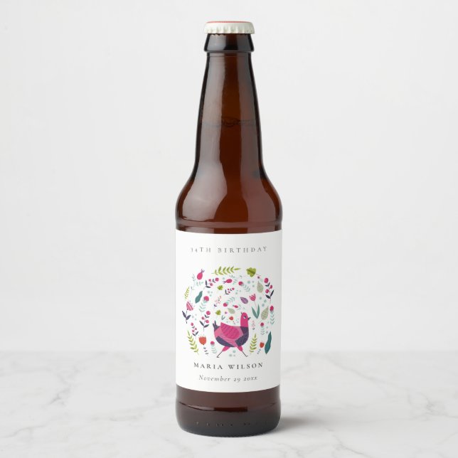 Bright Folk Farm Floral Bird Any Age Birthday Beer Bottle Label (Front)