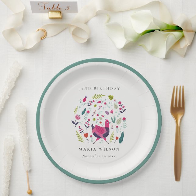 Bright Folk Farm Floral Bird Any Age Birthday  Paper Plates (Wedding)