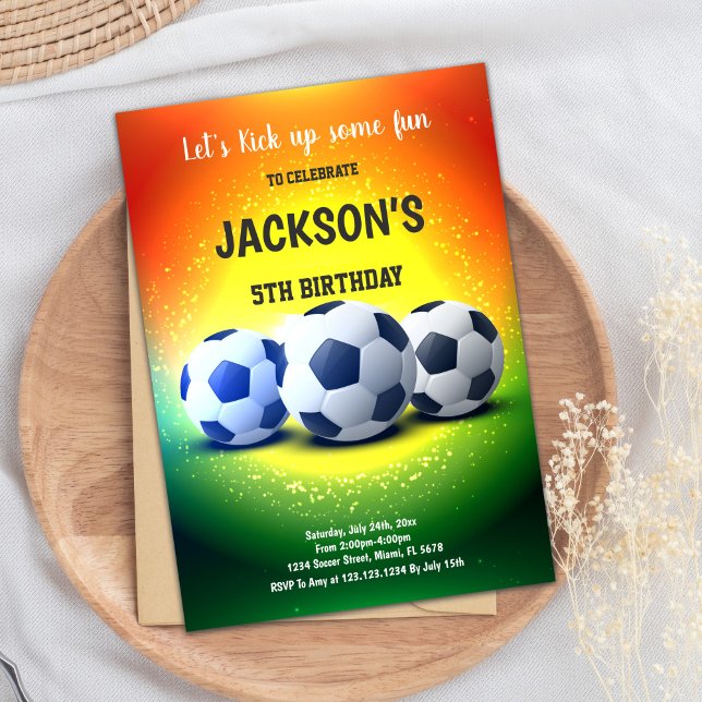 Bright Football Party Theme Invitation (Orange Yellow Soccer Birthday Invitations)