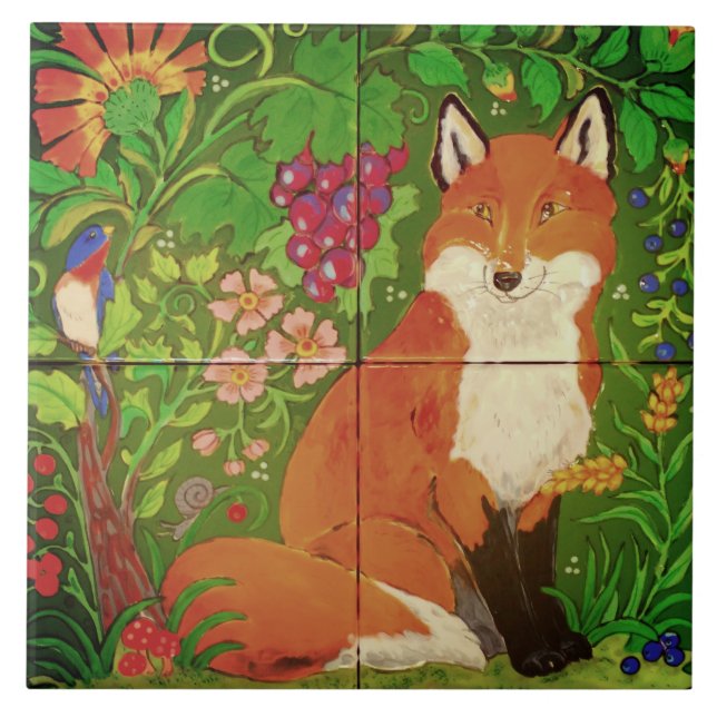 Bright Forest / Fox Bird / Flower Grapes Art Mural Ceramic Tile (Front)