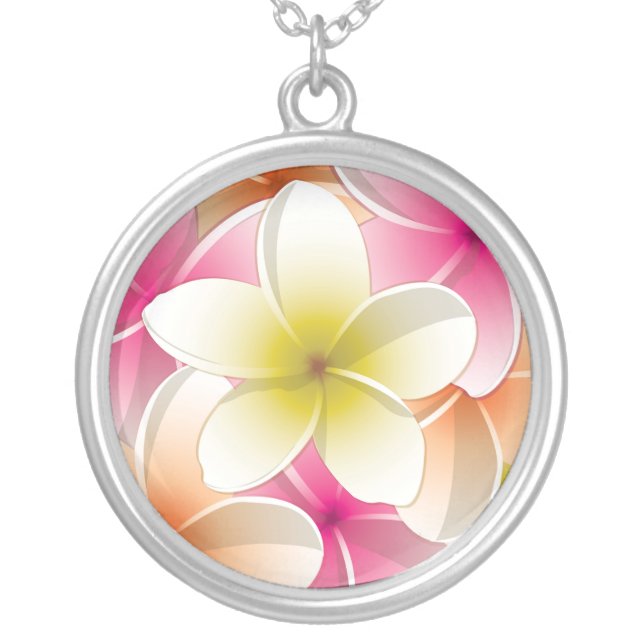 Bright Frangipani/ Plumeria flowers Silver Plated Necklace (Front)