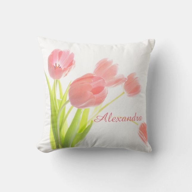 Bright, Fresh, Pink Tulip Bouquet on white name Throw Pillow (Front)