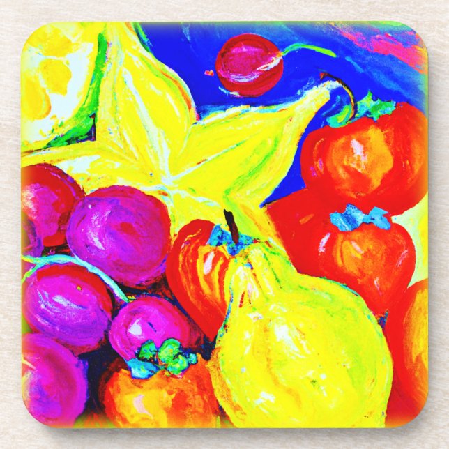 Bright Fruits and Stellar Skies. Buy Now Beverage Coaster (Front)