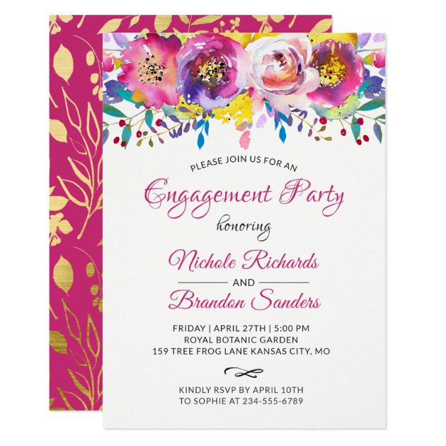 Bright Fuchsia Gold Floral Engagement Party Invitation