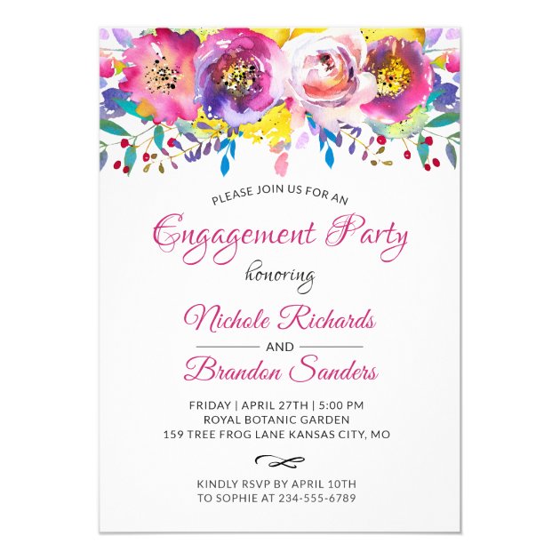 Bright Fuchsia Gold Floral Engagement Party Invitation