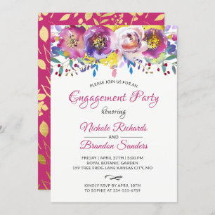 Bright Fuchsia Gold Floral Engagement Party Invitation