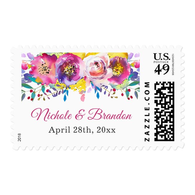 Bright Fuchsia Gold Floral Watercolor Wedding Postage