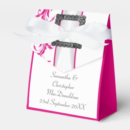 Bright fuchsia pink damask white lace wedding favor boxes