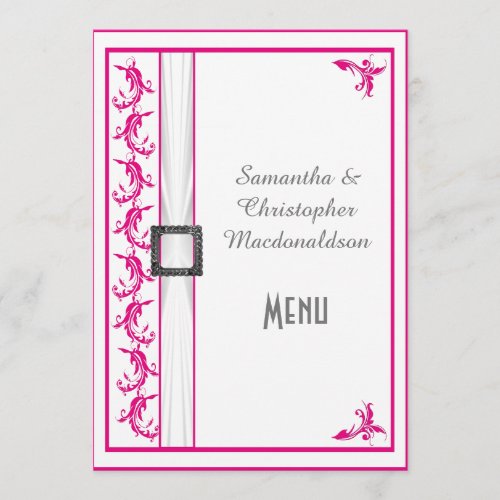 Bright fuchsia pink white lace wedding menu