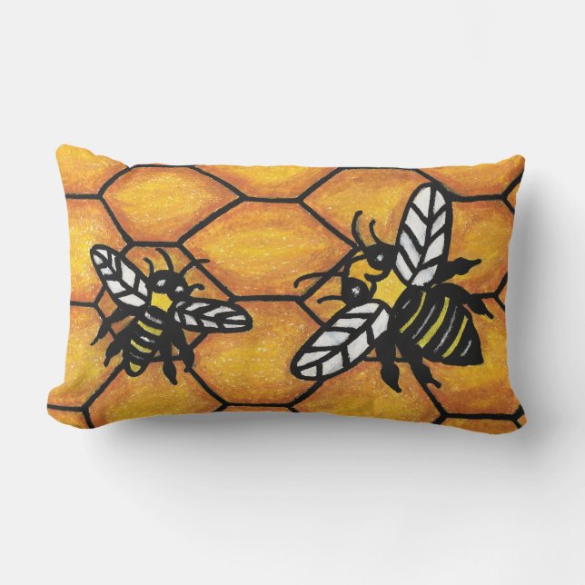 Bright Fun Black Yellow Buzzing Bees on Honey Comb Lumbar Pillow (Front)
