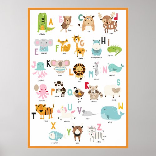 Bright Fun Colorful Orange Frame Animal Alphabet Poster