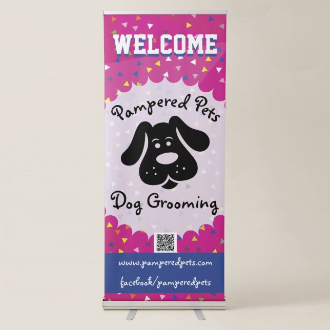 Bright Fun Dog Grooming QR Code Business Banner (Front)