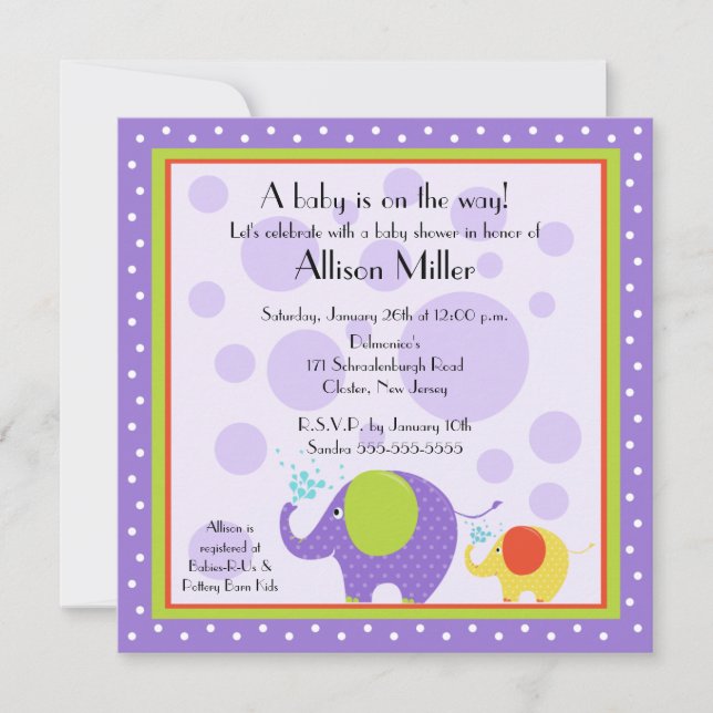 Bright & Fun Elephant Baby Shower Invitation (Front)