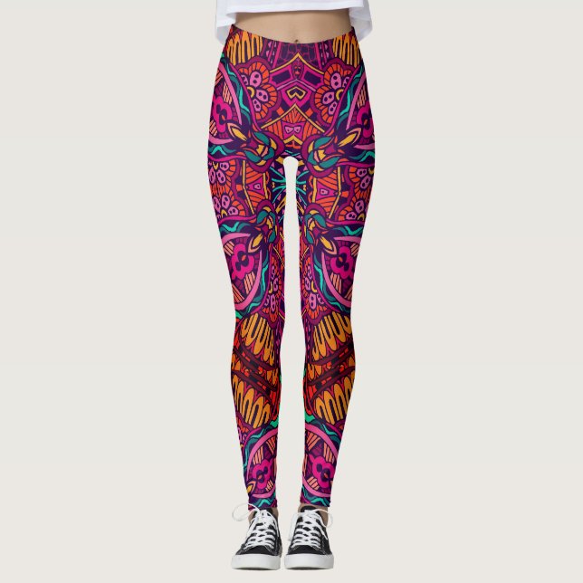 Bright Fun Floral Abstract Geometrical Whimsical Leggings (Front)
