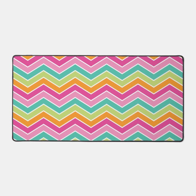 Bright fun hippy rainbow zigzag neon stripes desk mat (Front)
